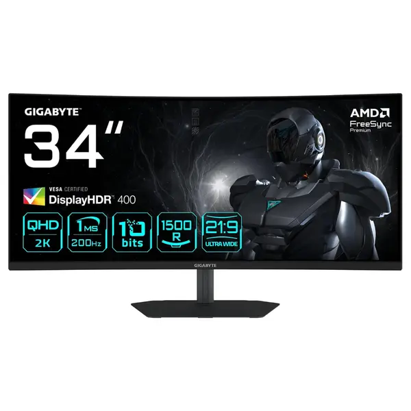 GIGABYTE G34WQC2 34" Ultrawide Curved Gaming Monitor – WQHD 3440×1440, 200Hz, 1ms GTG, 1500R VA, DisplayHDR 400, Adaptive-Sync