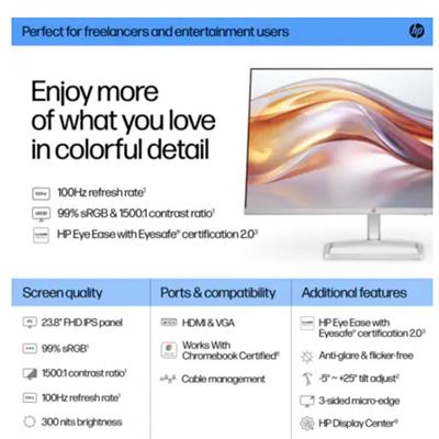 HP 524sf Series 5 24" FHD 1920x1080 IPS Monitor, 100Hz, 99% sRGB, 1500:1, 5ms, Black/Silver 