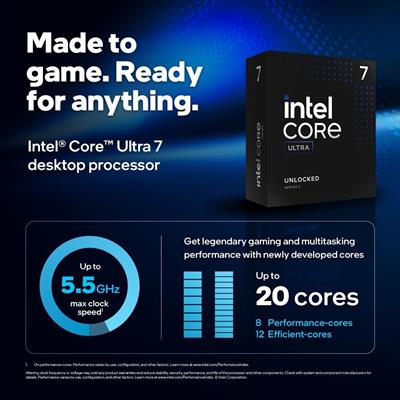 Intel Core Ultra 7 Desktop Processor 265K - 20 cores (8 P-cores + 12 E-cores) up to 5.5 GHz - OEM (Tray)