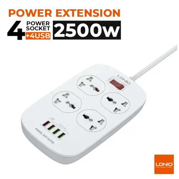 LDNIO SC4407 2500W Power Socket – 4 AC Outlets, 4 USB Charging Ports, Surge Protection, Smart Power Strip