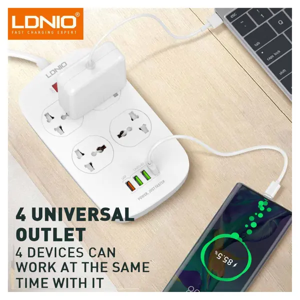 LDNIO SC4407 2500W Power Socket – 4 AC Outlets, 4 USB Charging Ports, Surge Protection, Smart Power Strip
