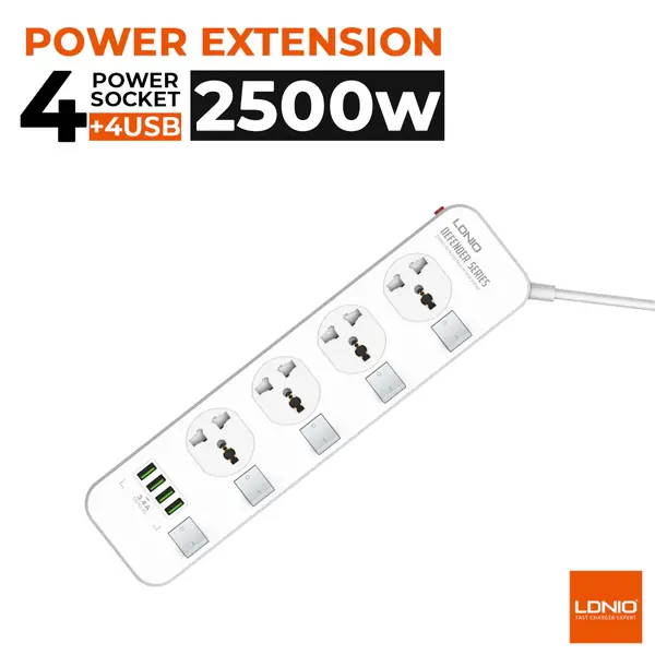 LDNIO SC4408 2500W Power Socket – 4 AC Outlets, 4 USB Ports, Smart Charging, Surge Protection