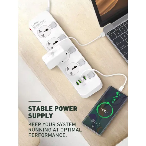 LDNIO SC4408 2500W Power Socket – 4 AC Outlets, 4 USB Ports, Smart Charging, Surge Protection