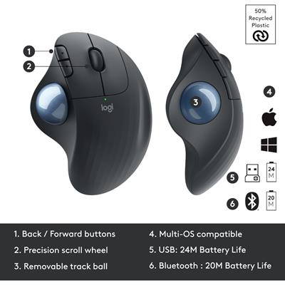 Logitech ERGO M575 Wireless Trackball Mouse - Easy thumb control, precision and smooth tracking, ergonomic comfort design, for Windows, PC and Mac with Bluetooth and USB capabilities - Graphite