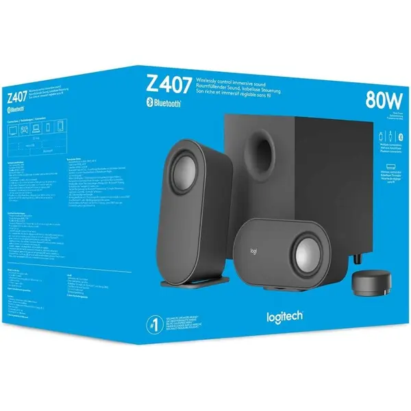 Logitech Z407 Bluetooth Computer Speakers with Subwoofer – 80W Peak Power | Wireless Control Dial | Dual Connectivity (Bluetooth + 3.5mm)