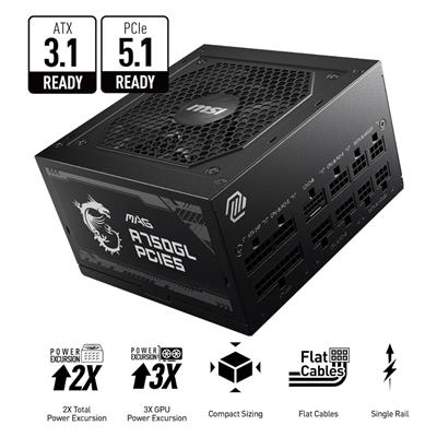 MSI MAG A750GL PCIE 5.1 & ATX 3.1 Gaming Power Supply - Full Modular - 80 Plus Gold Certified 750W - Compact Size - ATX PSU