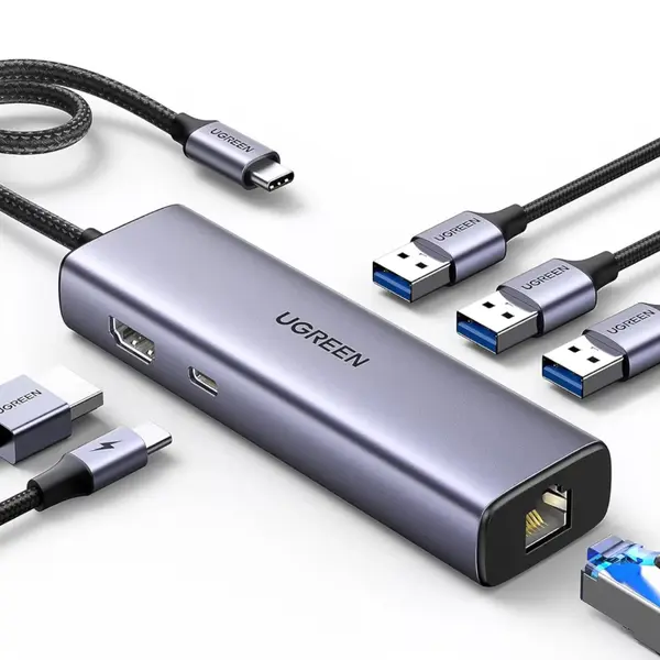 UGREEN 15598 6-in-1 USB-C Hub – 4K HDMI, Gigabit Ethernet, 100W PD Charging, 3x USB 3.0 Ports