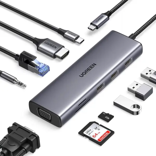 UGREEN 15601 10-in-1 USB-C Multiport Hub – 4K HDMI, VGA, Gigabit Ethernet, 100W PD, SD/TF Card Reader