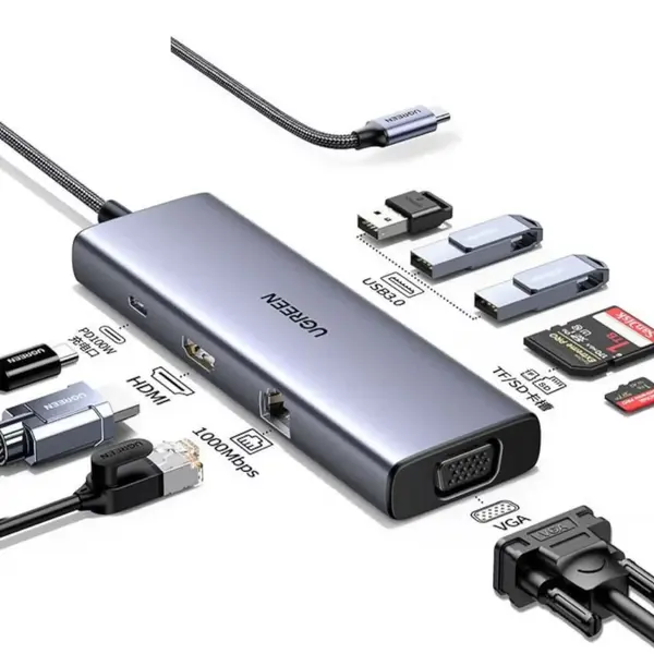 UGREEN CM498 15600 9-in-1 USB-C Docking Station – 4K HDMI, VGA, 3× USB 3.0, Gigabit Ethernet, 100W PD, SD/TF Card Reader