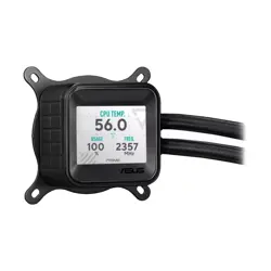 ASUS Prime LC 360 ARGB LCD all-in-one CPU liquid cooler with sharp screen showcasing CPU & GPU information with different background, high-performance Asetek pump armed with robust motor, daisy-chainable fans