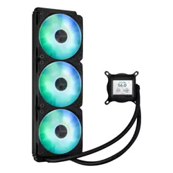ASUS Prime LC 360 ARGB LCD all-in-one CPU liquid cooler with sharp screen showcasing CPU & GPU information with different background, high-performance Asetek pump armed with robust motor, daisy-chainable fans
