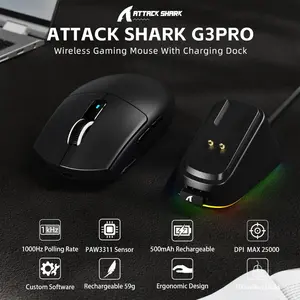 ATTACK SHARK G3 PRO Tri-Mode Wireless Gaming Mouse with RGB Charging Dock – PAW3311, 25,000 DPI (Red & Black)
