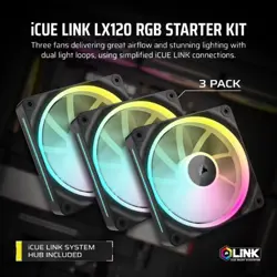Corsair iCUE LINK LX120 RGB 120mm PWM Case Fans - Starter Kit (3-Pack, Black) | Magnetic Dome, iCUE LINK Hub Included