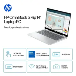 HP OmniBook 5 Flip 14 FP0023DX - Ultra 7 Processor, 16GB RAM, 512GB SSD, 14 inch 2K, X360 IPS Display with 300 Nits, IR Webcam, Backlit Keyboard - Glacier Silver finish