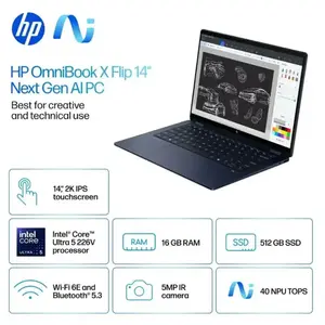 HP OmniBook X Flip 14-FM0013DX – Intel Core Ultra 5 226V, 16GB LPDDR5x, 512GB SSD, 14" 2K IPS x360 Touchscreen, Intel Arc Graphics, Windows 11, Atmospheric Blue