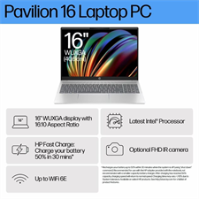 HP Pavilion 16 AF0050TU, Intel Ultra 5 125U, 16GB RAM, 512GB SSD, 16" 2K Display, Backlit Keyboard, WiFi 6, Windows 11 Home Laptop - Natural Silver