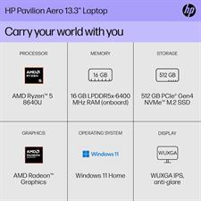HP Pavilion Aero 13-BG0054AU. AMD Ryzen 5-8640U, 16GB RAM, 512GB SSD, 13.3 inch WUXGA 2K Display, backlit Keyboard, Windows 11 Home Original
