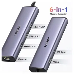 UGREEN 15598 6-in-1 USB-C Hub – 4K HDMI, Gigabit Ethernet, 100W PD Charging, 3x USB 3.0 Ports