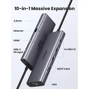UGREEN 15601 10-in-1 USB-C Hub – 4K HDMI, VGA, 3× USB-A 3.0, Gigabit Ethernet, 100W PD, SD/TF & Audio