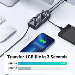 UGREEN 90307 7-in-1 USB-C Hub – 7× USB-A 3.0, 5Gbps, BC 1.2 Smart Charging, Individual Switches, EU