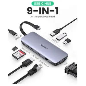 UGREEN CM498 15600 9-in-1 USB-C Docking Station – 4K HDMI, VGA, 3× USB 3.0, Gigabit Ethernet, 100W PD, SD/TF Card Reader