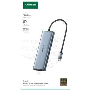 UGREEN CM498 15600 9-in-1 USB-C Docking Station – 4K HDMI, VGA, 3× USB 3.0, Gigabit Ethernet, 100W PD, SD/TF Card Reader
