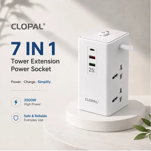 Tower Extension Power Socket, 1 USB-C, 2 USB-A Port, Extension Cord 2Mtrs