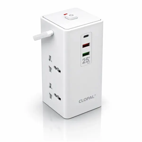 Tower Extension Power Socket, 1 USB-C, 2 USB-A Port, Extension Cord 2Mtrs