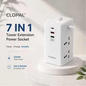 Tower Extension Power Socket, 1 USB-C, 2 USB-A Port, Extension Cord 2Mtrs