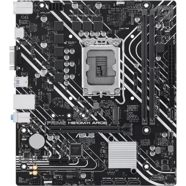 Asus Prime H610M-K ARGB Micro-ATX Motherboard, Intel H610 LGA1700, DDR5, PCIe 4.0, 32Gbps M.2, Realtek 1Gb Ethernet, HDMI and VGA, USB 3.2 Gen 1, SATA 6Gbps, Aura Sync