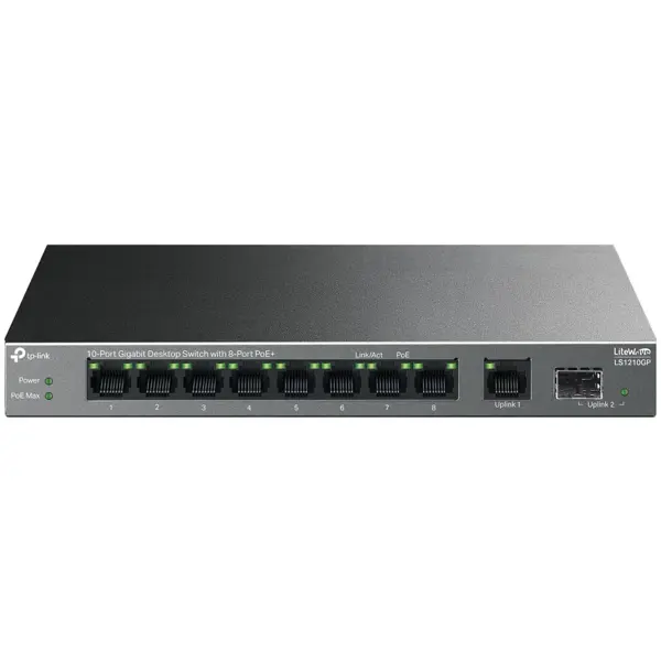 TP-Link LS1210GP 10-Port Gigabit Desktop Switch, 8-Port PoE+ 61W, 9x RJ45 and 1x SFP