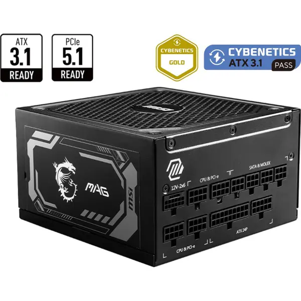 MSI MAG A1250GL PCIE5 Fully Modular Compact Gaming Power Supply, 1250W, 80 Plus Gold, ATX 3.1 and PCIe 5.1 Ready, Native Dual-Color 12V-2x6 Cable