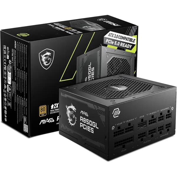 MSI MAG A850GL Gaming Power Supply, 850W, PCIe 5.1, ATX 3.1, Full Modular, 80 Plus Gold, Compact Size, Flat Cables, Black