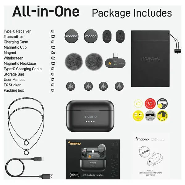 Maono Wave T5 Wireless Lavalier Microphone, USB C, 48KHz 24Bit, 300m Range, 30H, WAVE T5 PC2