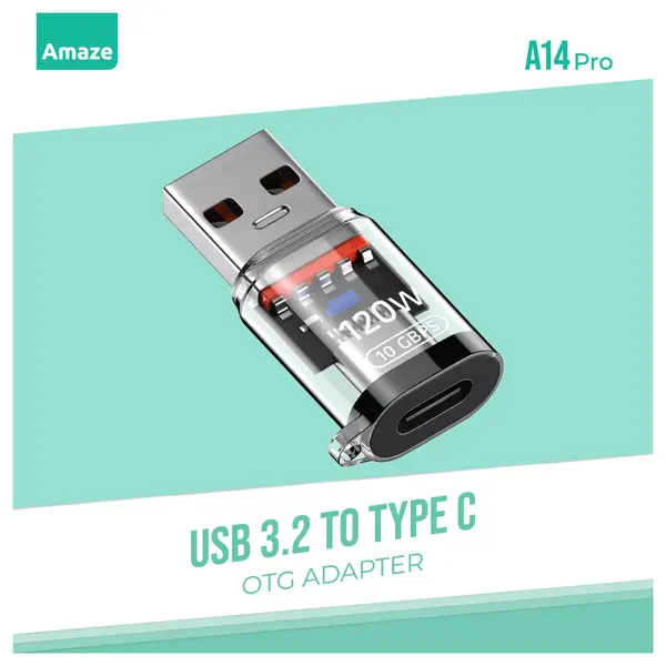 AMAZE A14 Pro USB 3.2 to Type-C OTG Adapter, 10Gbps, 120W, Audio-Enabled