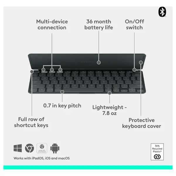 Logitech Keys-to-Go 2 Portable Bluetooth Tablet Keyboard with Built-in Cover, Wireless, Graphite