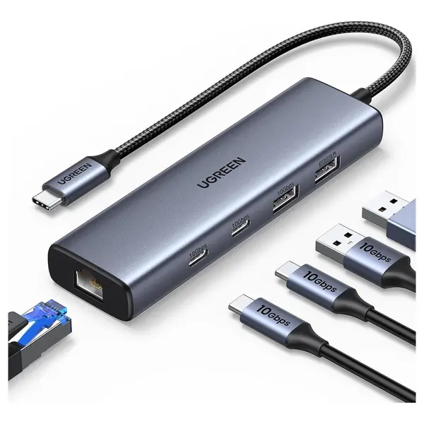 UGREEN USB C to Ethernet Adapter 6-in-1 Hub, 2xUSB-C 3.2 10Gbps, USB-A 3.2 10Gbps, USB-A 2.0, Gigabit RJ45, USB-C Power Port - 45320