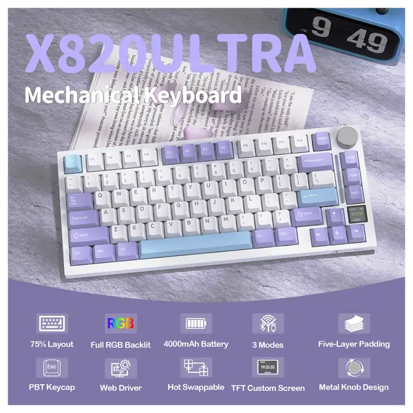 ATTACK SHARK X820 Ultra Mechanical Keyboard 75% Tri-Mode Starlight White