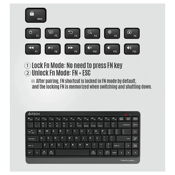 A4Tech FBK11 Wireless Keyboard, Bluetooth and 2.4GHz, Switch Up to 4 Devices, Compact Size, Multimedia Hot Keys, Grey