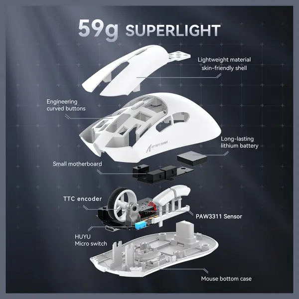 ATTACK SHARK R1 Wireless Gaming Mouse, PixArt PAW3311 18000 DPI, 59g Superlight, Bluetooth and 2.4G Wireless and Wired USB-C, 65 Hours Battery, Red