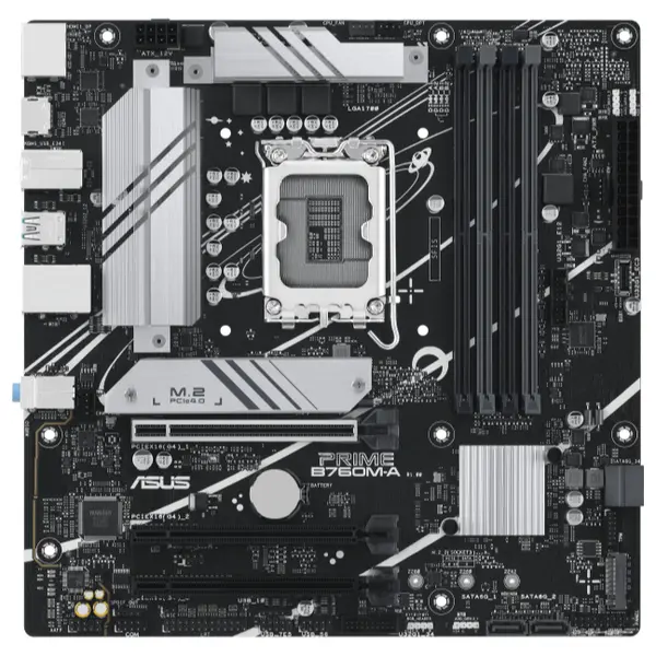 Asus Prime B760M-A DDR5 MicroATX Motherboard, Intel B760 LGA1700, DDR5 7200+(OC), PCIe 4.0, 2x M.2, Realtek 2.5Gb Ethernet, DisplayPort, Dual HDMI, SATA 6Gbps, USB 3.2 Gen 2, USB 3.2 Gen 1 Type-C, Aura Sync