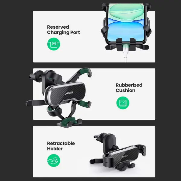 UGREEN Gravity Drive Air Vent Car Mount Phone Holder, Automatic Gravity Locking, One-Handed Operation, Five-Point Support, Black 80871