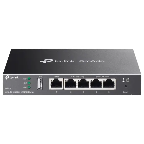 TP-Link ER605 Omada Gigabit VPN Gateway, Five Gigabit Ports, Up to 3 WAN Ethernet Ports, 1 USB WAN Port for Mobile Broadband, Ver 2.30