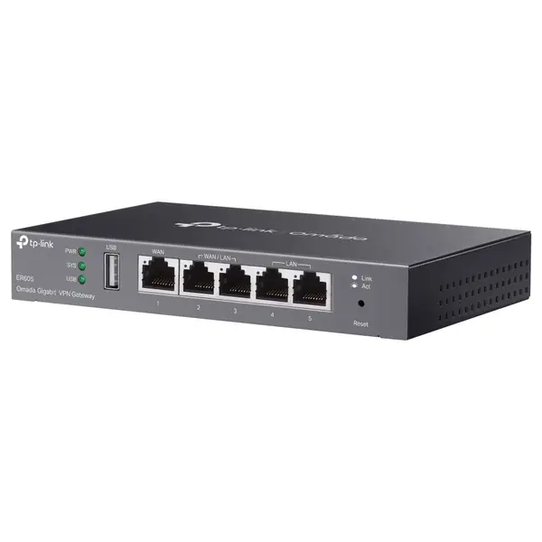 TP-Link ER605 Omada Gigabit VPN Gateway, Five Gigabit Ports, Up to 3 WAN Ethernet Ports, 1 USB WAN Port for Mobile Broadband, Ver 2.30