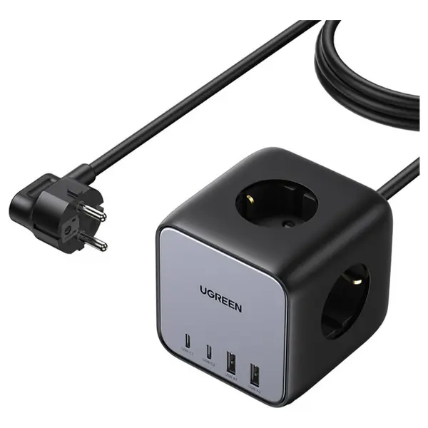 Ugreen DigiNest Cube Power Strip, 3 Sockets, 2 USB-C Up To 65W, 2 USB-A Up To 22.5W, 1.8M Cable, EU Plug Standard, Model 60113-CD268, Black