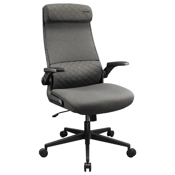Cougar STRYDER Ergonomic Chair, Imitation Linen Upholstery, Adjustable Headrest, Multi-Density Foam Seat, Ergonomically Contoured Lumbar Zone, Class 4 Gas Lift Cylinder, Gray