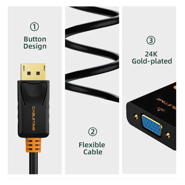 CABLETIME CP25B DisplayPort to VGA Video Converter Adapter, 1080P 60Hz, DP Male to VGA Female, ANX9832 Chipset