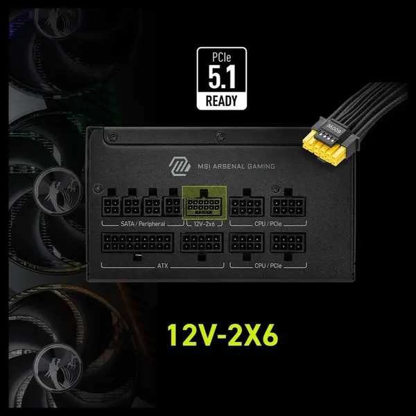 MSI MAG A1000GLS PCIE5 Fully Modular Compact Gaming 1000W Power Supply, 80 Plus Gold Up To 90% Efficiency, ATX 3.1 and PCIe 5.1 Ready, Native Dual-Color 12V-2x6 Cables, Low-Noise