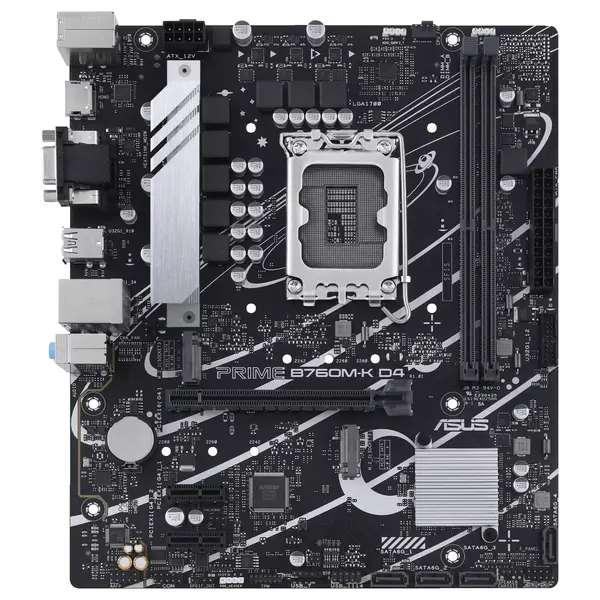 ASUS Prime B760M-K D4 Motherboard, Intel B760 LGA 1700 mATX, DDR4, PCIe 4.0 With 2x PCIe 4.0 M.2, Realtek 2.5Gb Ethernet, VGA and HDMI, SATA 6Gbps, Front USB 3.2 Gen 1