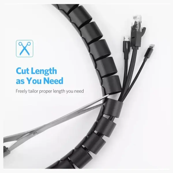 UGREEN Cable Zipper Tube Wire Organizer, 25mm 1.5 Meter PE Spiral Cable Sleeve for Office, Desk, TV, and Home Cable Management, 30818, Black